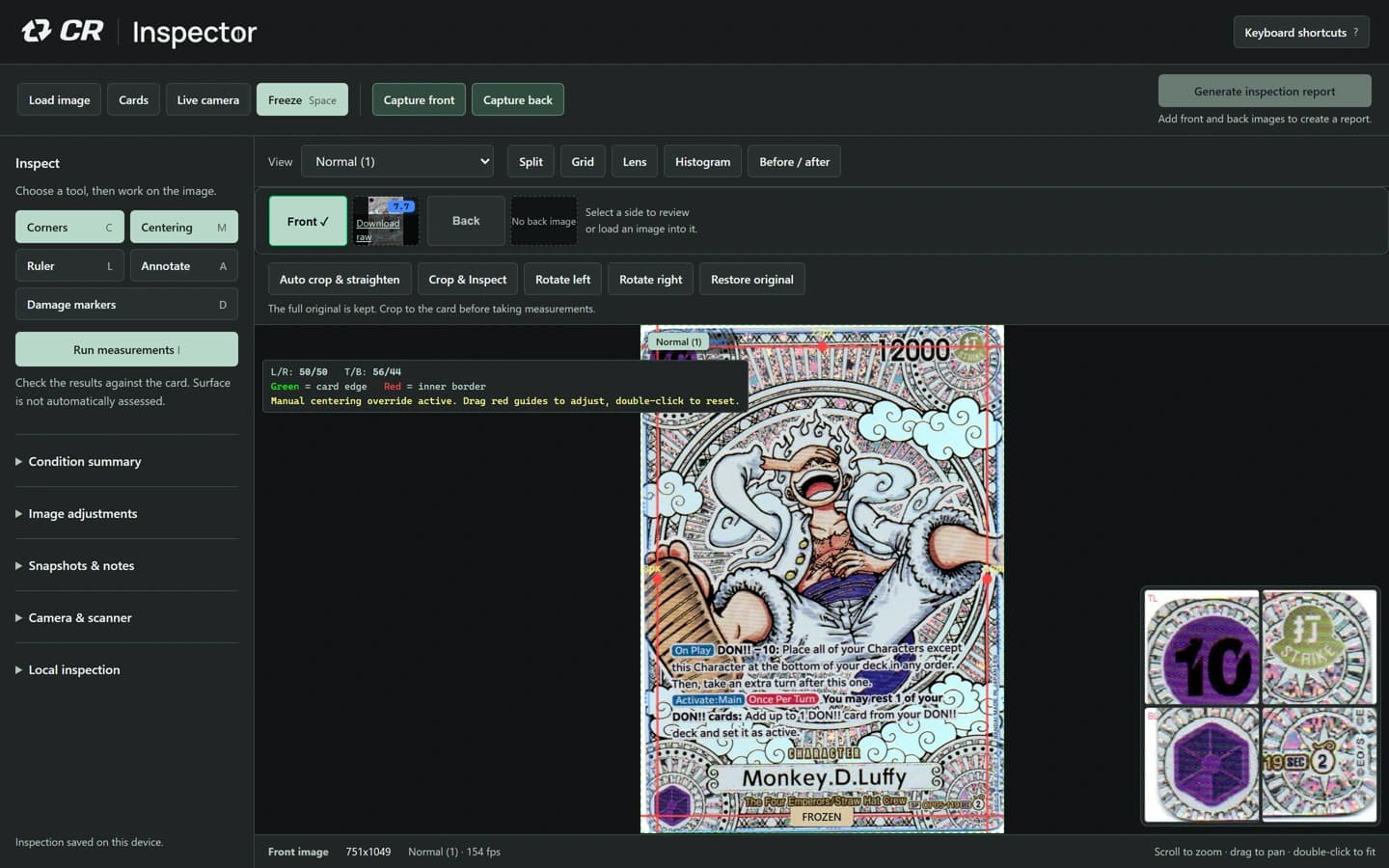 Centering guides over a real card scan in the Inspector workbench