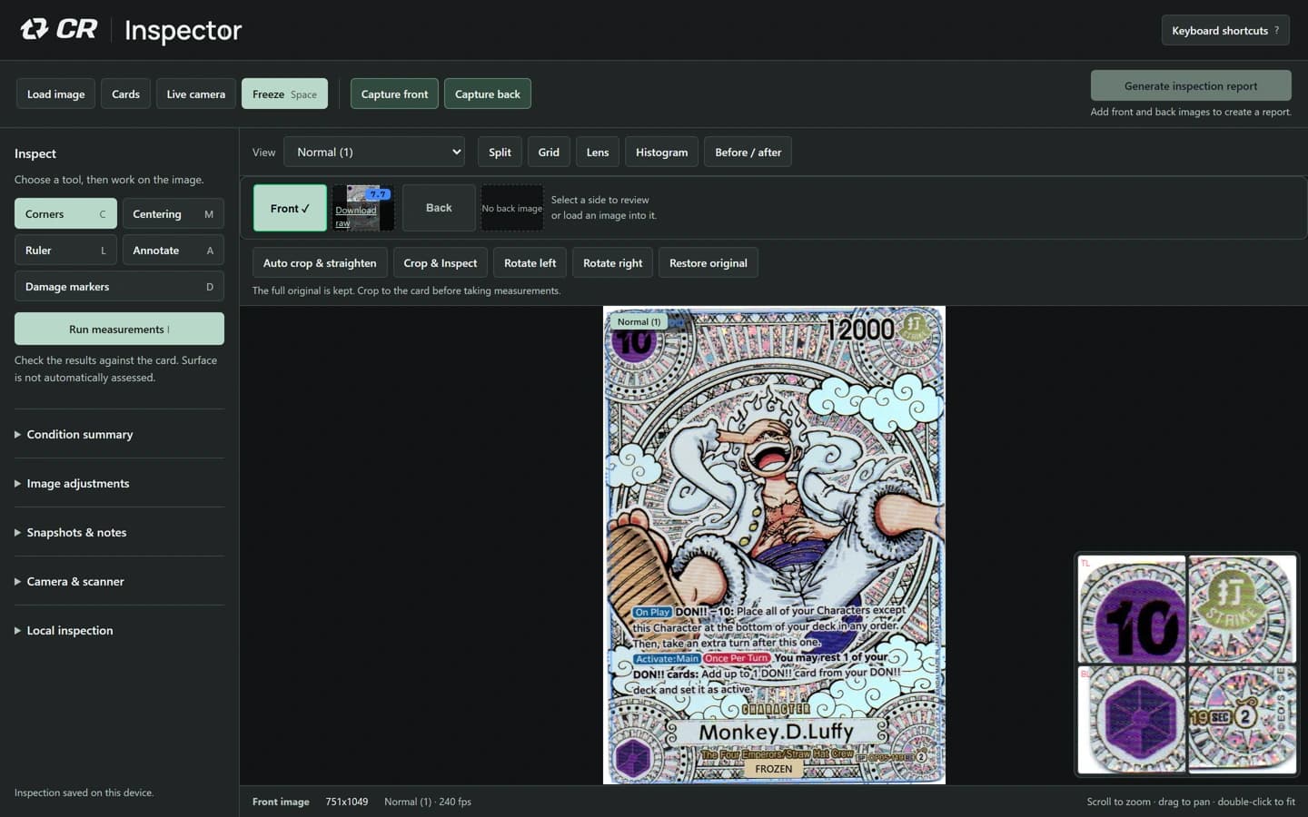Four enlarged corner views alongside a card scan in Inspector