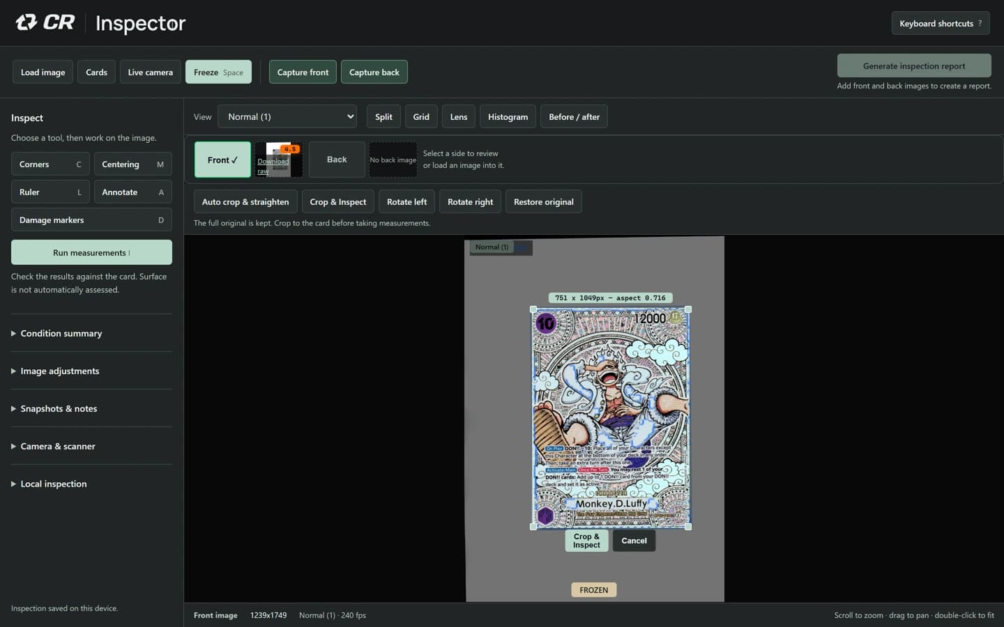 A manual crop selection around a real card scan, with Inspector’s Crop & Inspect and Cancel controls