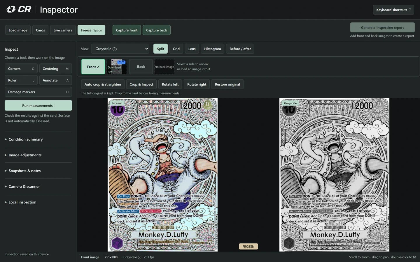 A real card scan shown in Inspector with its original image beside a grayscale inspection view